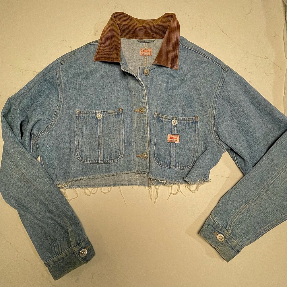 70s VTG Kikomo Rare Cropped Chore Denim Jacket with Brown Corduroy Collar